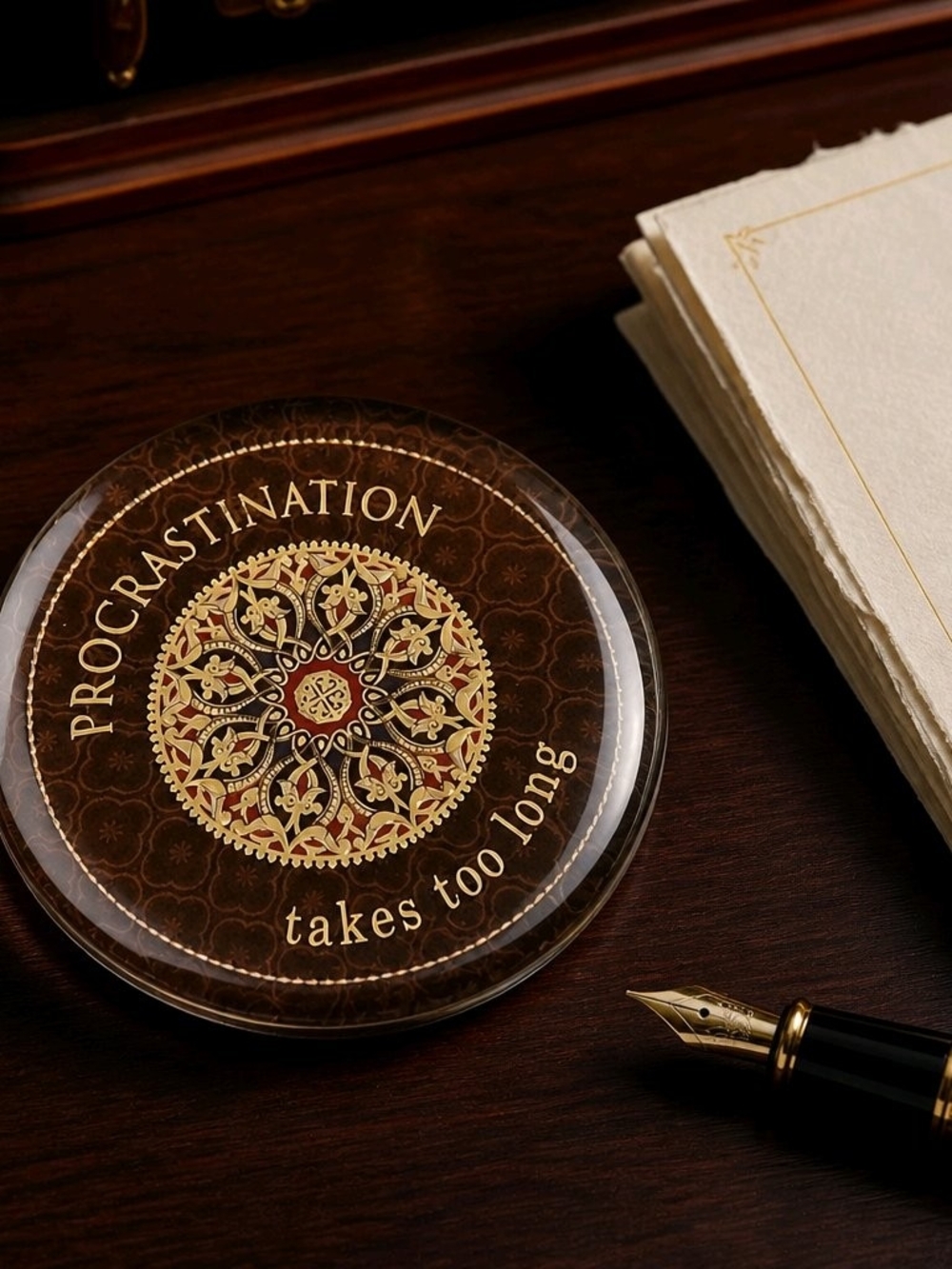 Procrastination Decorative Glass Paperweight - Brown & Gold